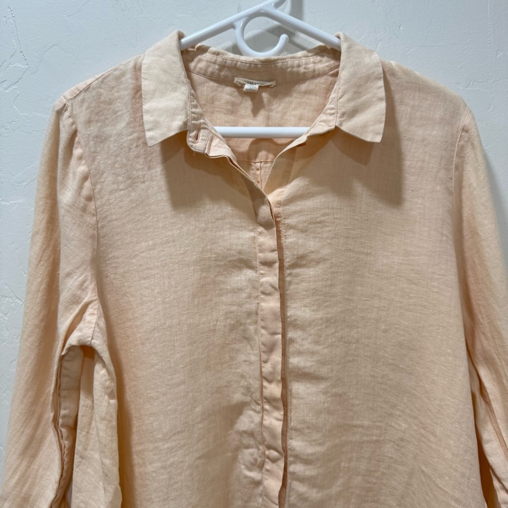 Eileen Fisher 100% Organic Irish Linen Large Tunic Button Down Shirt Pale Yellow - Picture 2 of 8